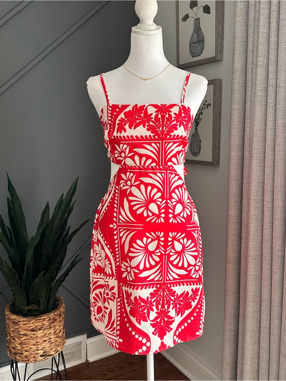 Coquette Bold Red and White Floral Mini Dress with Spaghetti Straps
